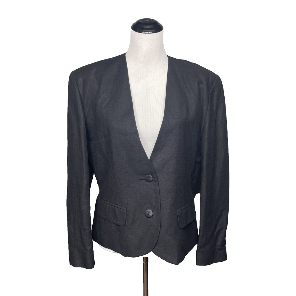 Josephine Chaus Large Black Linen Blend Blazer 2 Button Structured Jacket Career